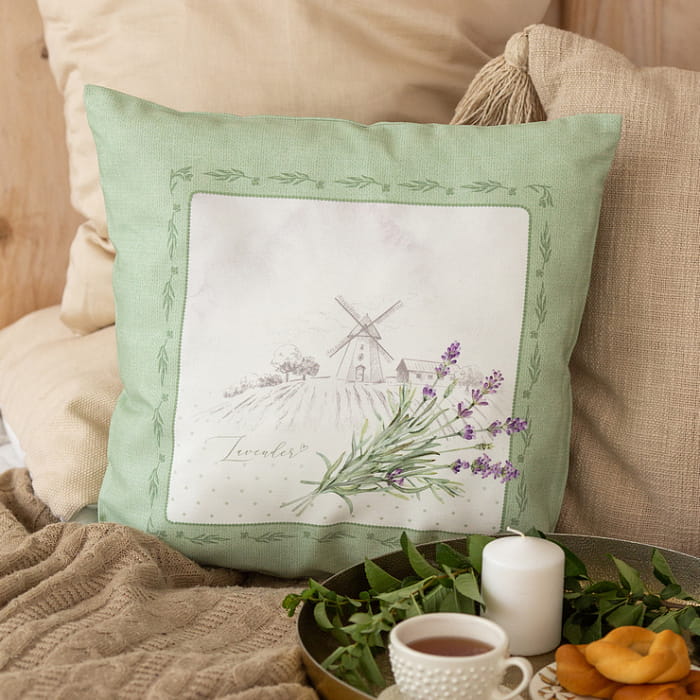 Декоративная наволочка "Лавандовое лето" зеленая рамка