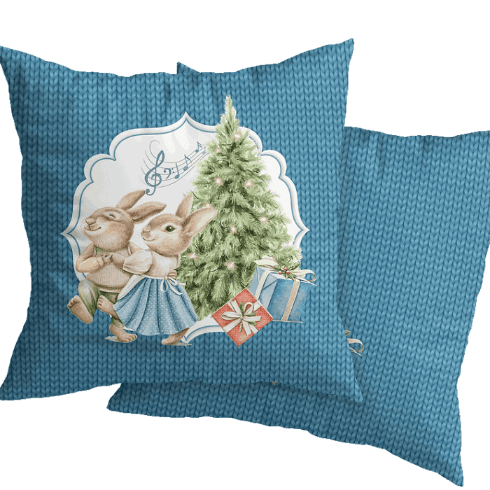Декоративная наволочка "Новогодняя шкатулка" зайчата с елкой
