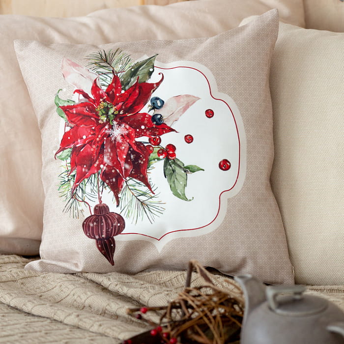 Декоративная наволочка "Марлен" пуансеттия на бежевом