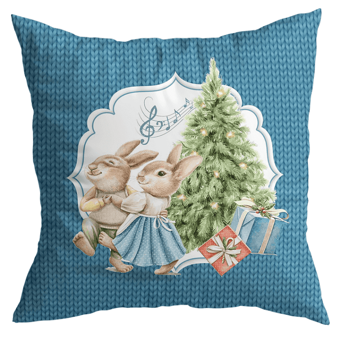 Декоративная наволочка "Новогодняя шкатулка" зайчата с елкой