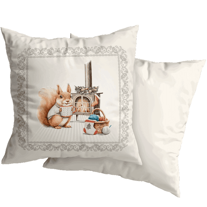 Декоративная наволочка "Новогодняя шкатулка" белка у камина