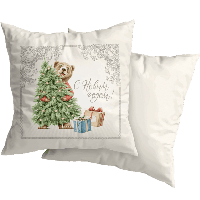 Декоративная наволочка "Новогодняя шкатулка" мишка с елкой