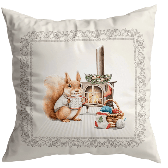 Декоративная наволочка "Новогодняя шкатулка" белка у камина