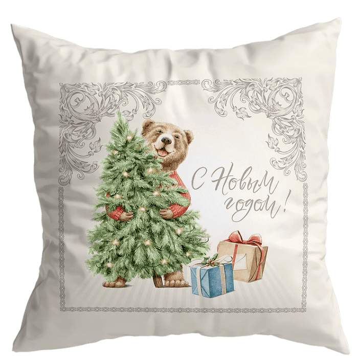 Декоративная наволочка "Новогодняя шкатулка" мишка с елкой
