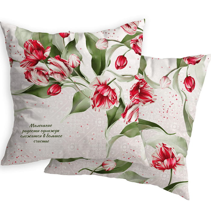 Декоративная наволочка "Алые тюльпаны" с надписью