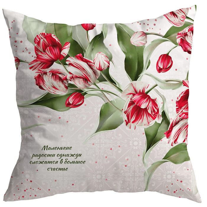 Декоративная наволочка "Алые тюльпаны" с надписью